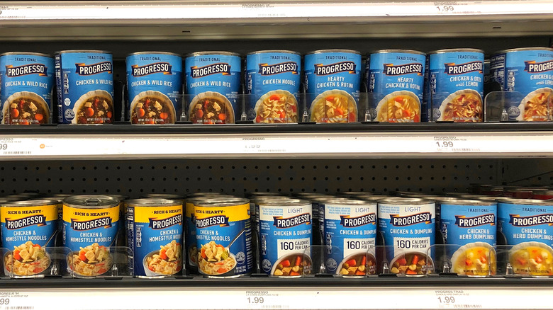 Progresso soup cans on shelves