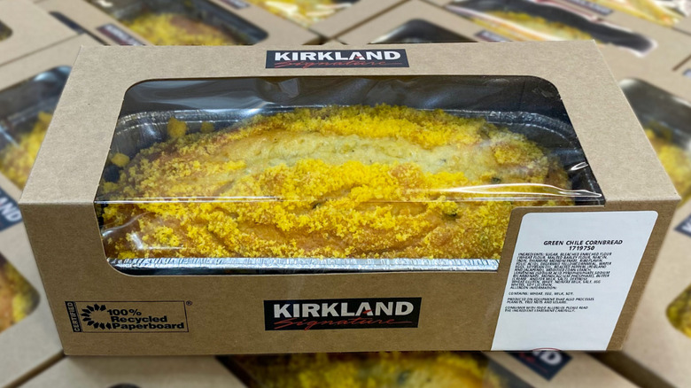 A loaf of the Green Chile Cornbread sits in its box