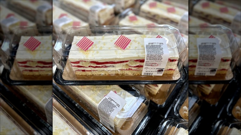 A stack of Strawberries and Cream Bar Cakes at Costco