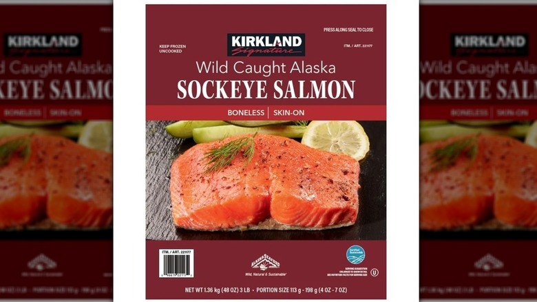 Package of Kirkland brand frozen sockeye salmon