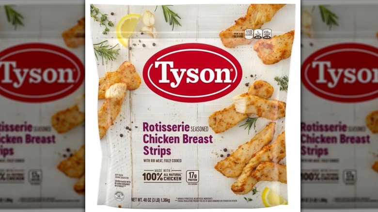 Package of Tyson frozen rotisseries chicken breast strips