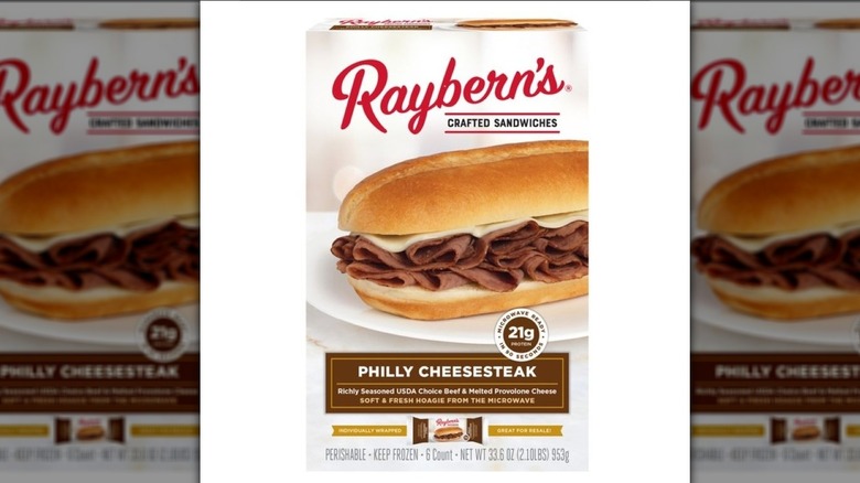 Box of Raybern's frozen Philly cheesesteak sandwiches