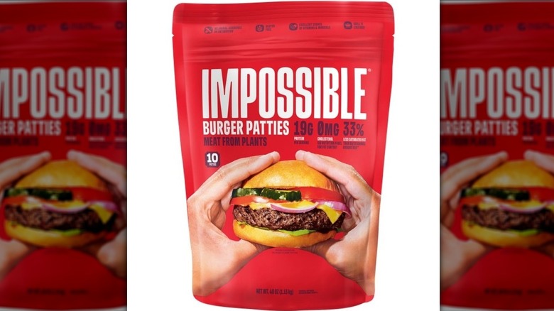 Package of frozen Impossible Burger meatless patties