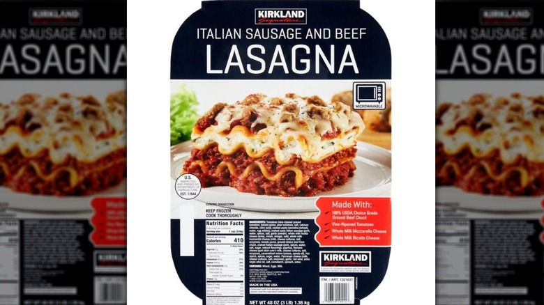 Package of frozen Kirkland Signature sausage and beef lasagna