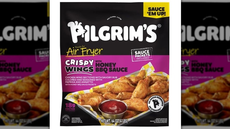 Package of Pilgrim's frozen crispy chicken wings with honey bbq sauce