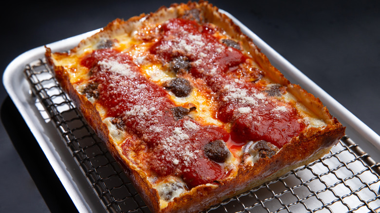 Detroit pan pizza on tray