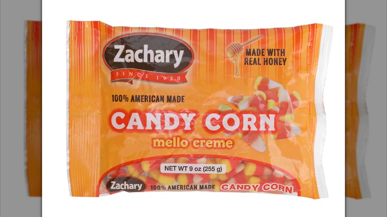 A package of ﻿Zachary Candy Corn Mello Creme treats.