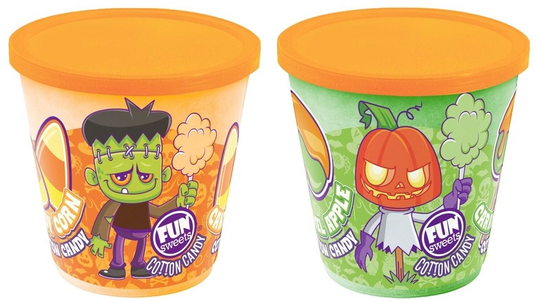 Two containers of Fun Sweets Cotton Candy featuring a Frankenstein and Pumpkin King character.