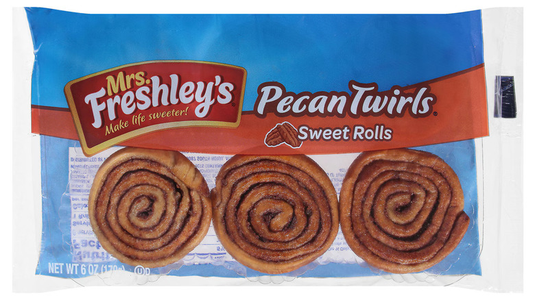 A package of Mrs. Freshley's Pecan Twirls Sweet Rolls.