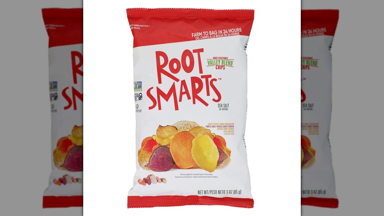A bag of Root Smarts Root Vegetable Valley Blend Chips.