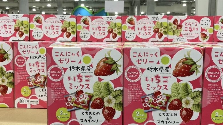 Display of strawberry jelly snacks at a Costco Japan