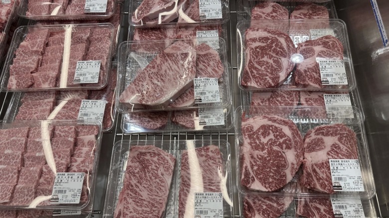 Cooler chest loaded with wagyu beef at Costco Japan