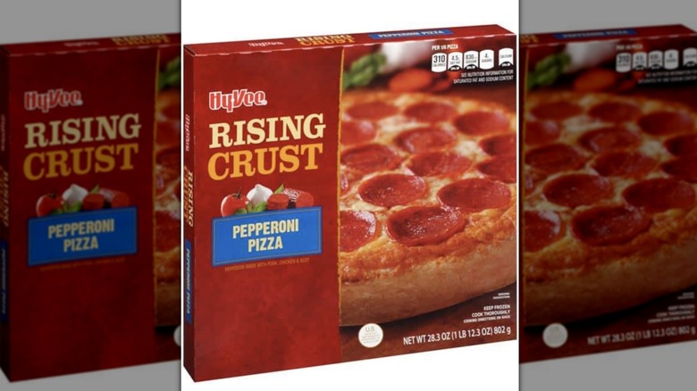 Close-up of Hy-Vee frozen pizza box