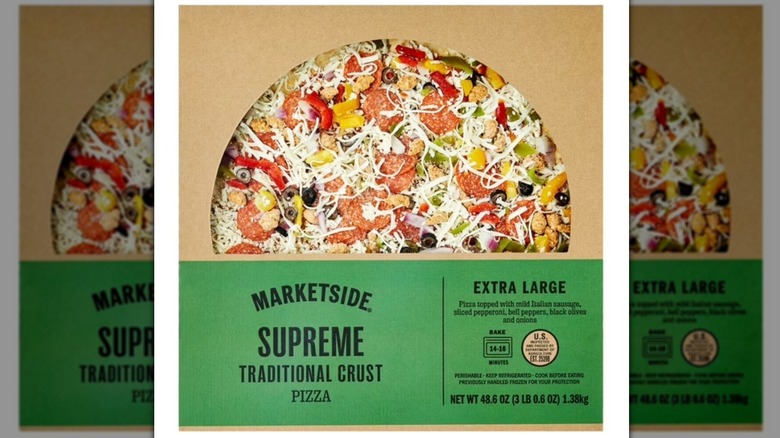 Close-up of Marketside supreme pizza box