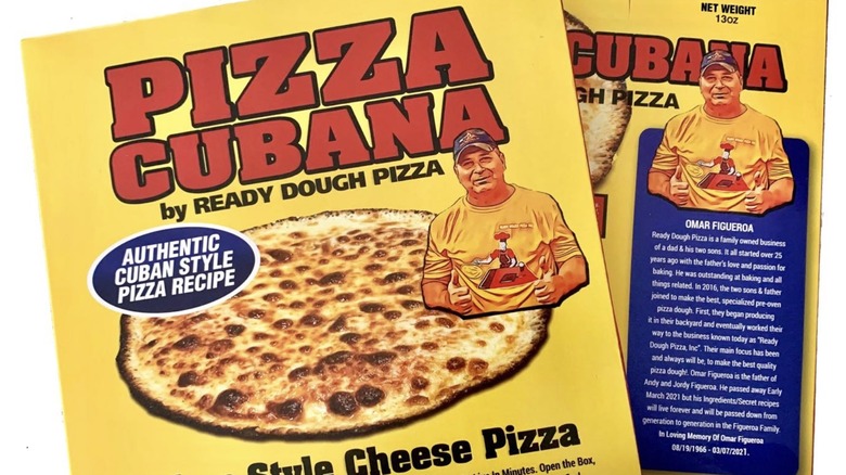 Front and back view of Pizza Cubana frozen pizza box