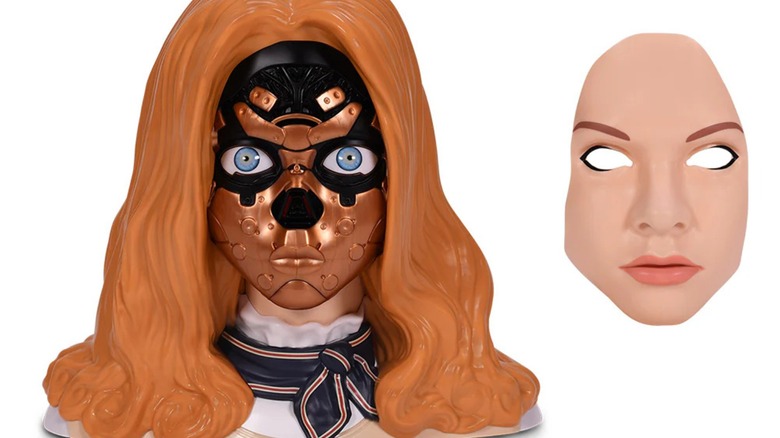 "M3GAN 2.0" popcorn container with its face removed and pictured adjacent