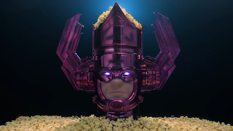 The "Fantastic Four: First Steps" commemorative Galactus popcorn tub sits on a pile of popcorn