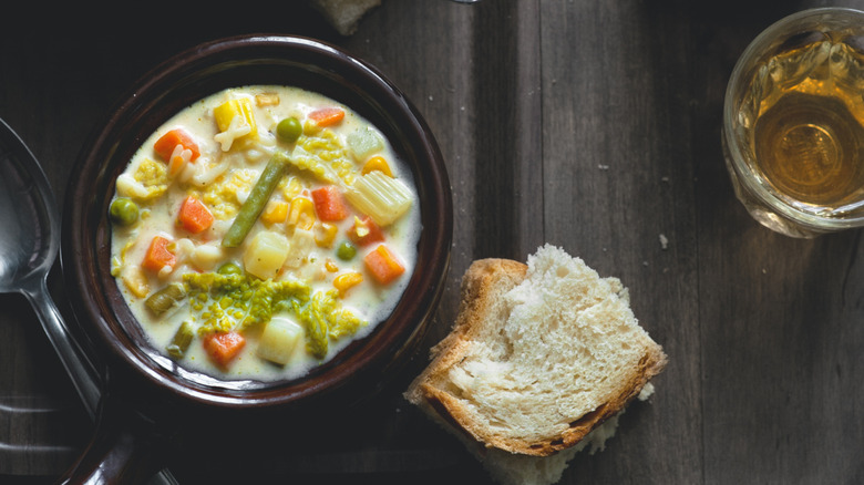 Bowl of chowder with lots of veggies
