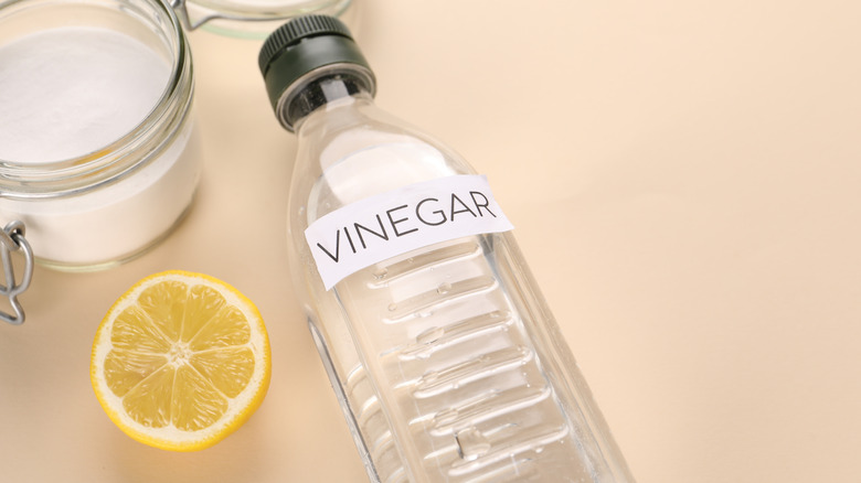 half lemon and bottle of vinegar