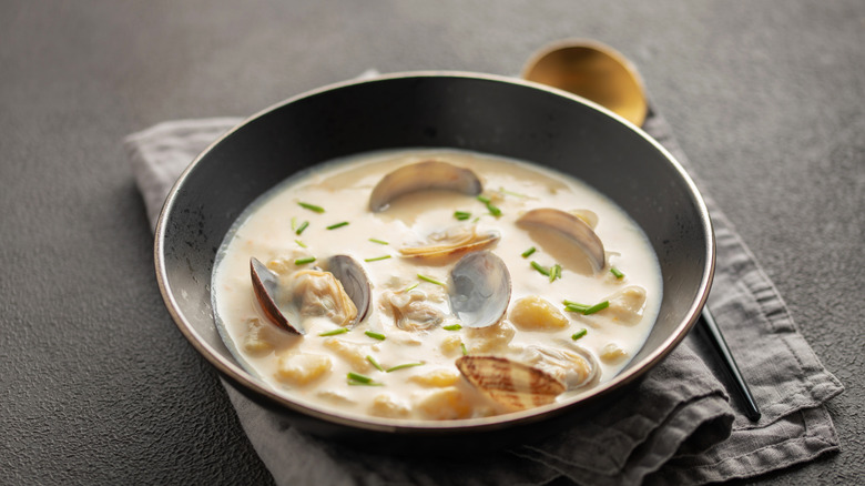 Bowl of clam chowder with fresh clams in shells