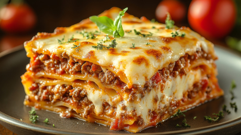 Hearty serving of lasagna with a crispy top and cheese melting out the sides