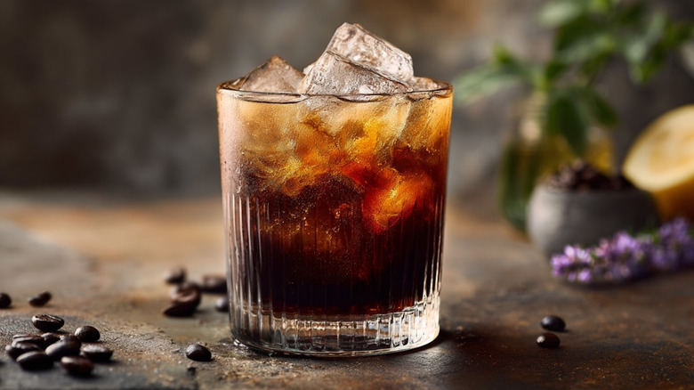 Cold brew coffee with ice cubes in a glass