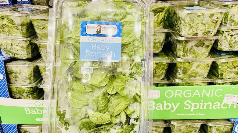 Costco display of Organic Baby spinach
