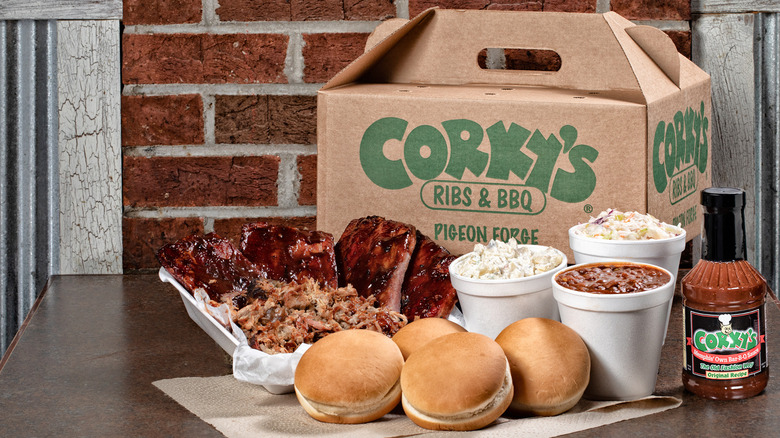 Corky's pulled pork and rib dinner with sides