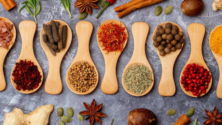Asorted seasonings and spices in different spoons