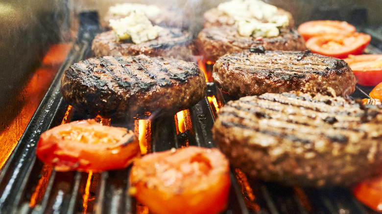 Closeup of hamburgers on grill