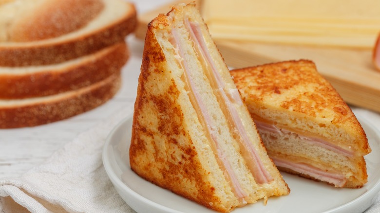 Monte Cristo sandwich on white plate