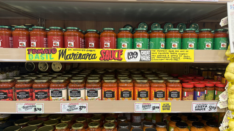 Pasta sauces on a shelf in Trader Joe's
