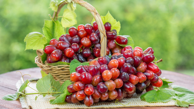 Bunches of Red Muscat grapes in a basket