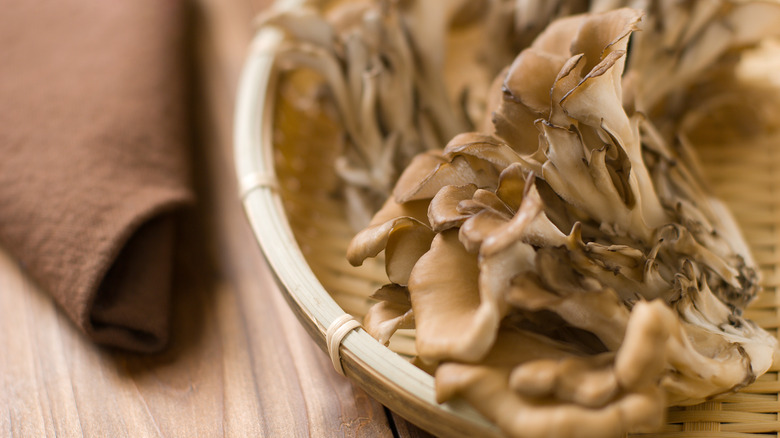 Maitake mushrooms in wicker plate
