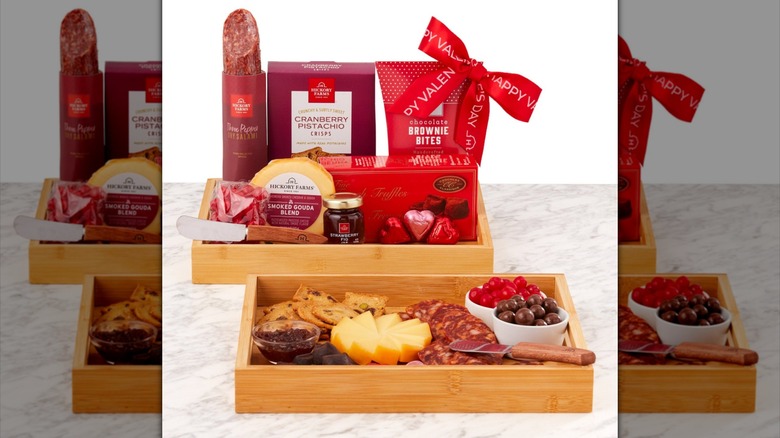 A Hickory Farms Valentine's Day Gift Set sits on a marble surface