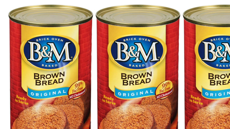 Three cans of B&M Brown Bread lined up
