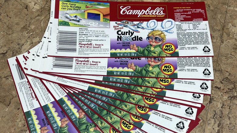 A stack of vintage Campbell's Curly Noodle soup labels