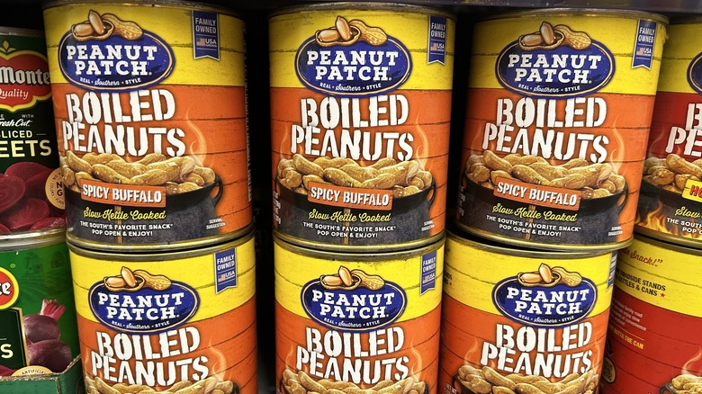 Peanut Patch brand boiled peanuts sit on a grocery store shelf