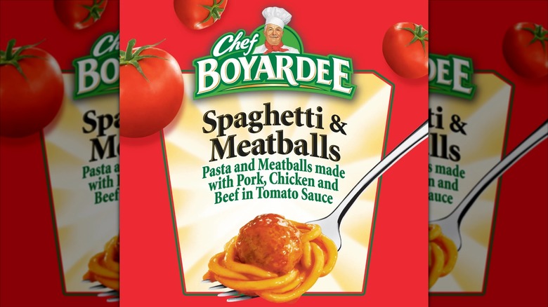 Closeup of Chef Boyardee's Spaghetti & Meatballs product label