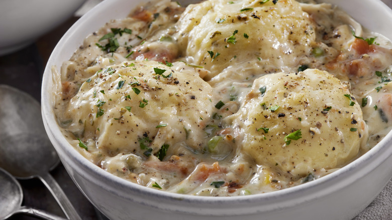 Chicken and dumplings in a bowl