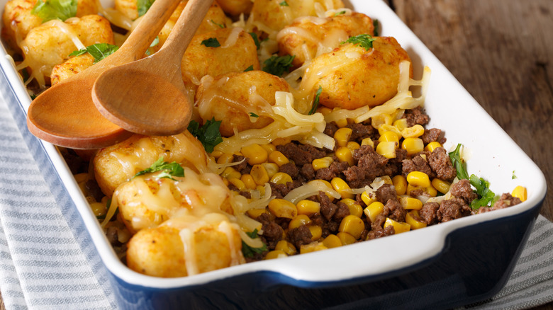 Tater tot casserole in a dish