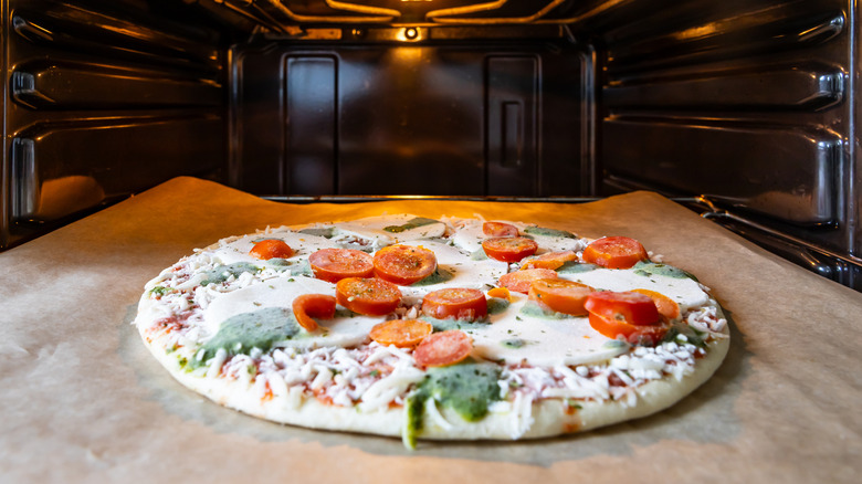 Frozen pizza in an oven
