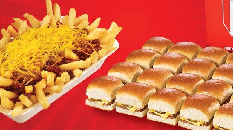 Krystal's chili cheese fries sit beside numerous sliders