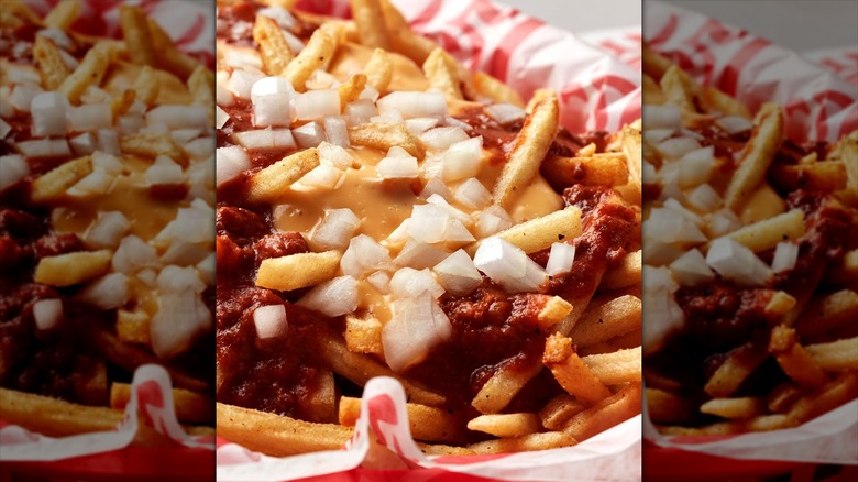 Closeup on an order of Chili Cheese Fries from Freddy's Frozen Custard & Steakburgers