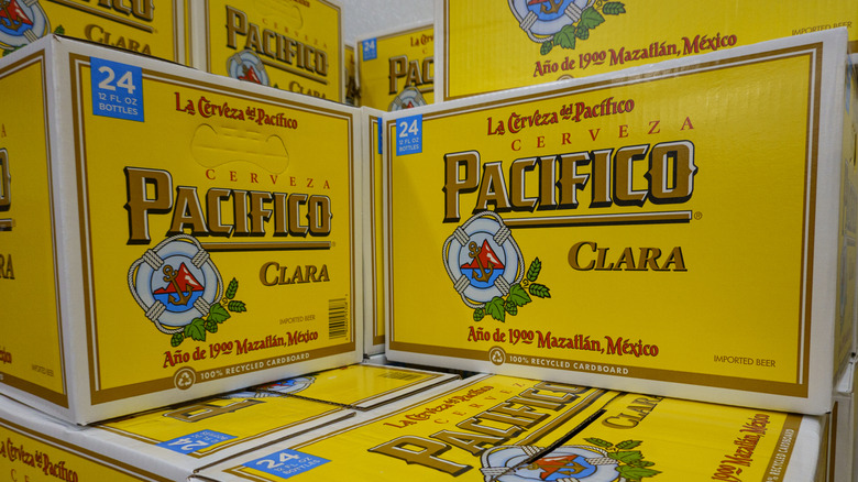 Stacked cases of Pacifico Clara Beer