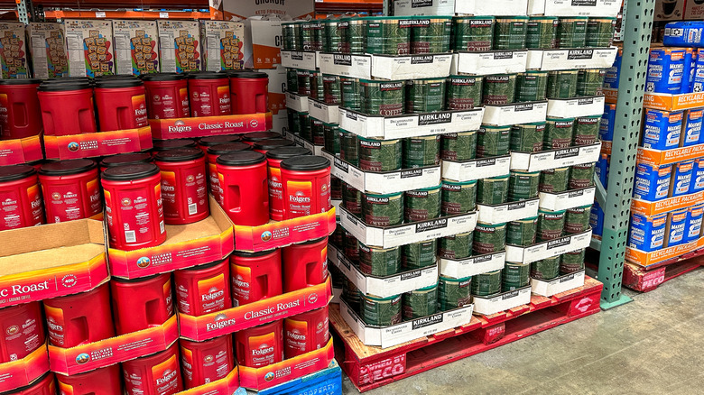 Pallets of coffee canisters in Costco