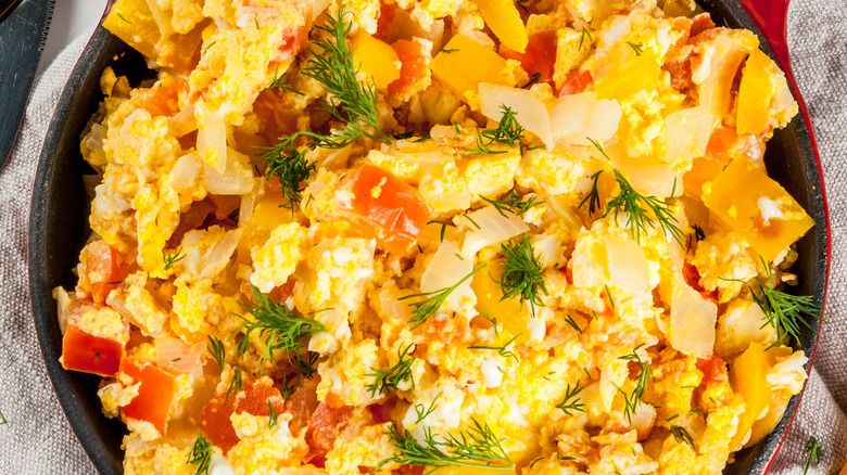 pan full of scrambled eggs