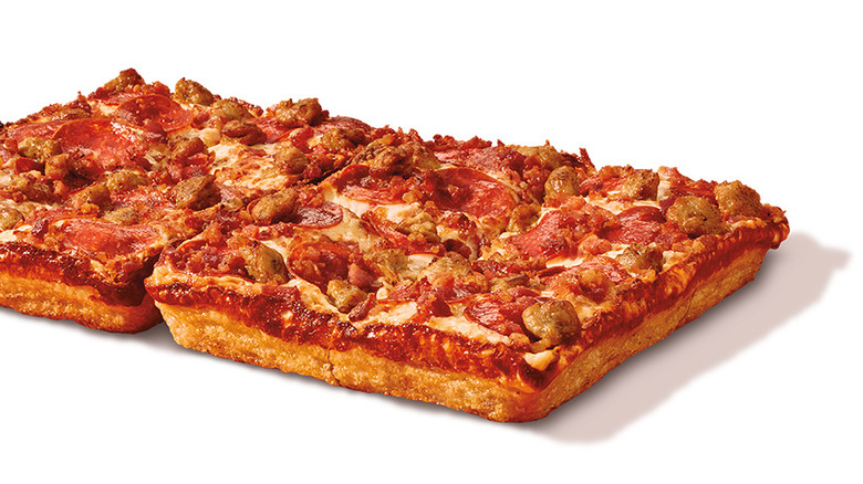 A Little Caesars Detroit-Style Deep Dish 3 Meat Treat against a white background.