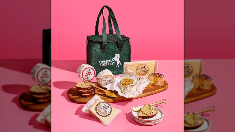 The contents of The Ultimate Cowgirl Cheese Collection arranged against a pink background.