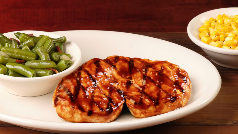 Grilled BBQ Chicken Platter with a side of green beans and corn kernels
